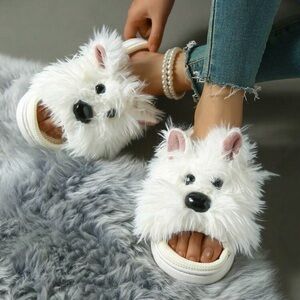 Dog Cloud Slides slippers puppy house shoes plush fur women’s teen’s 7 7.5 white